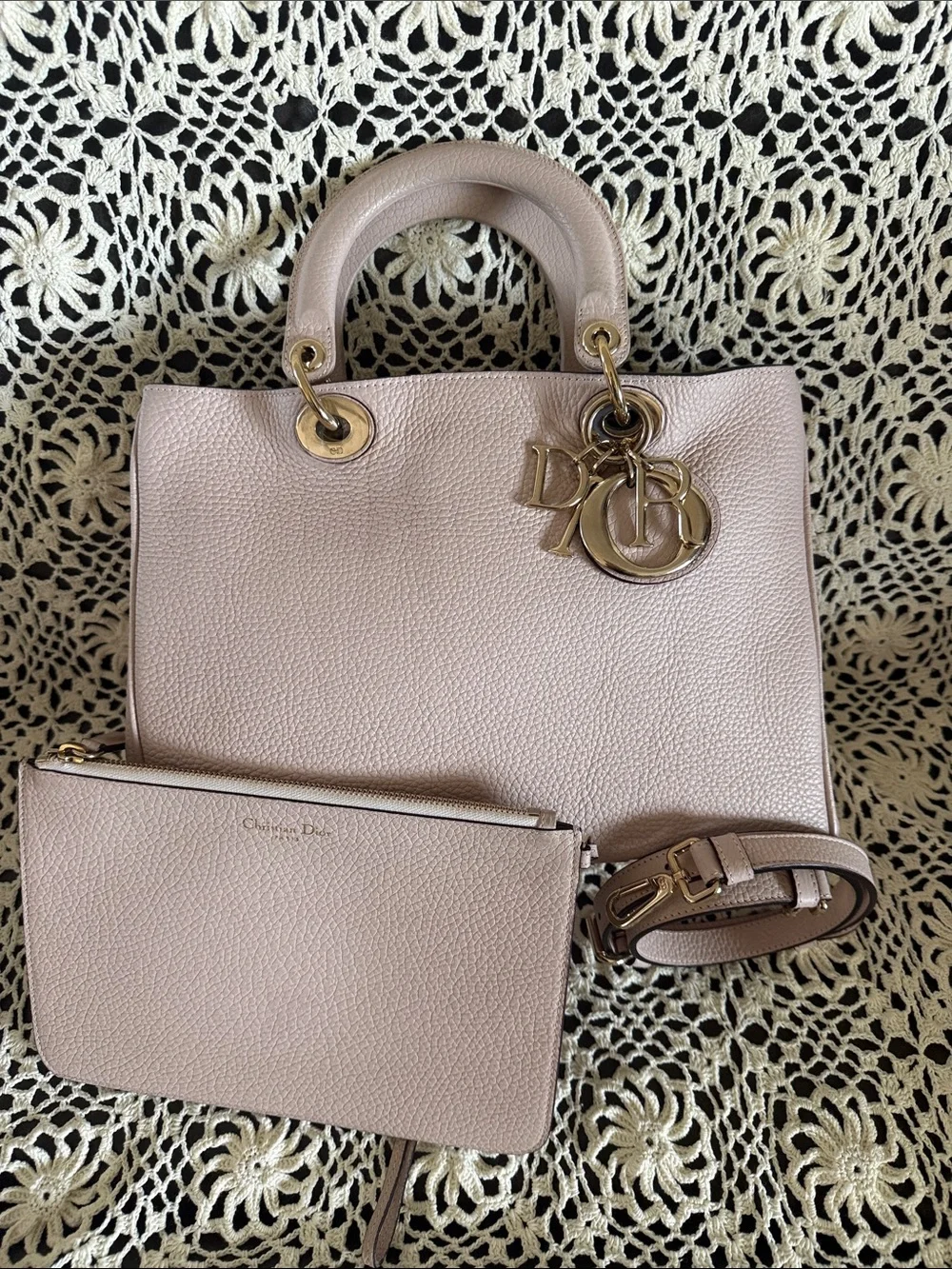 Dior Diorissimo Blush Pink Pebbled Leather 2WayTote with Pouch and Strap